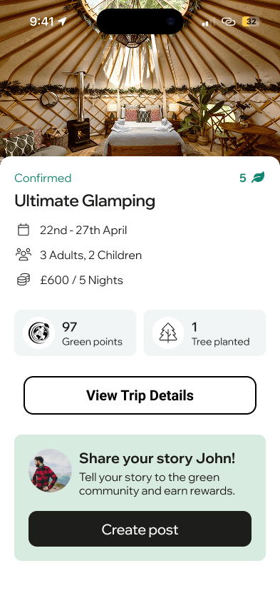 The Sustayn app showing a confirmed trip, green points and trees planted